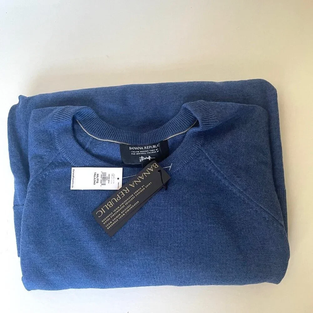 Banana Republic Merino Wool Sweater Mens XXL TALL Blue Pullover Crewneck Italian